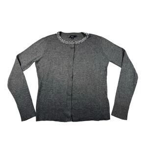 Sioni Women's S Gray Angora Cashmere Cardigan Pearl Rhinestone Beaded Sweater